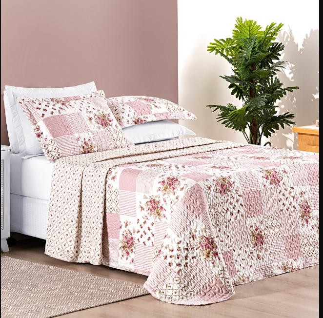 Cobre Leito Casal King 3 Peças Colcha Bouti Dupla Face Estampado - Porta Travesseiro Aba Americana