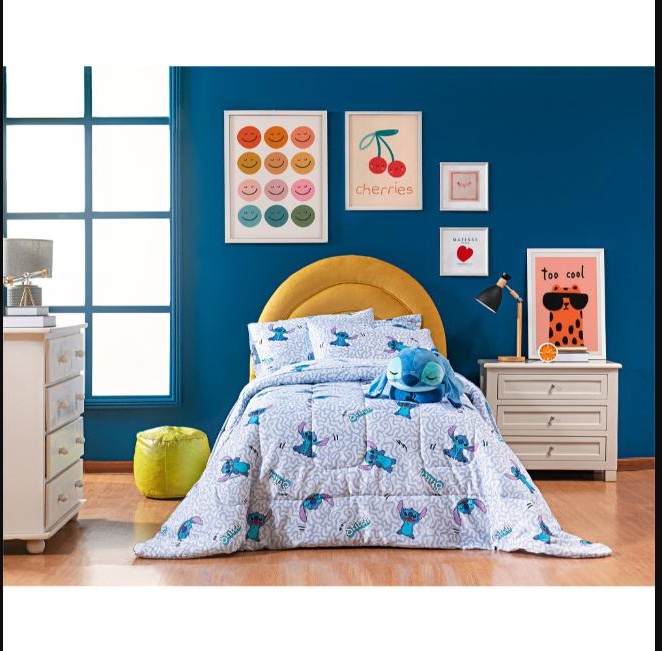 Kit Edredom Solteiro Infantil Disney Algodão 150 Fios + Porta Travesseiro Dupla Face - Stitch Cool