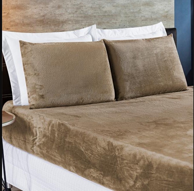 Jogo De Cama Lençol Casal Padrão Liso C/ Elástico Manta Flannel Plush 3 Peças