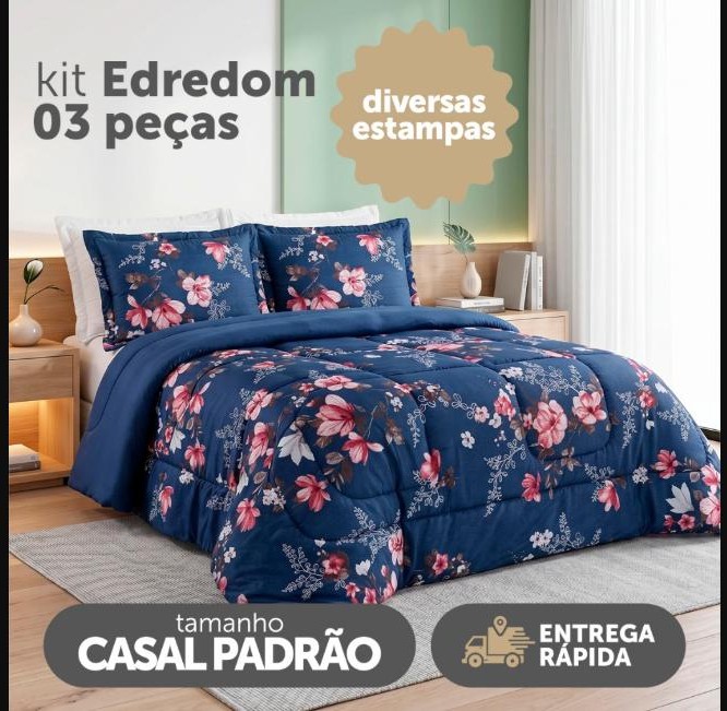 Kit Edredom Naturale Cama Casal Padrão 03 Peças Micropercal 200 Fios Dupla Face