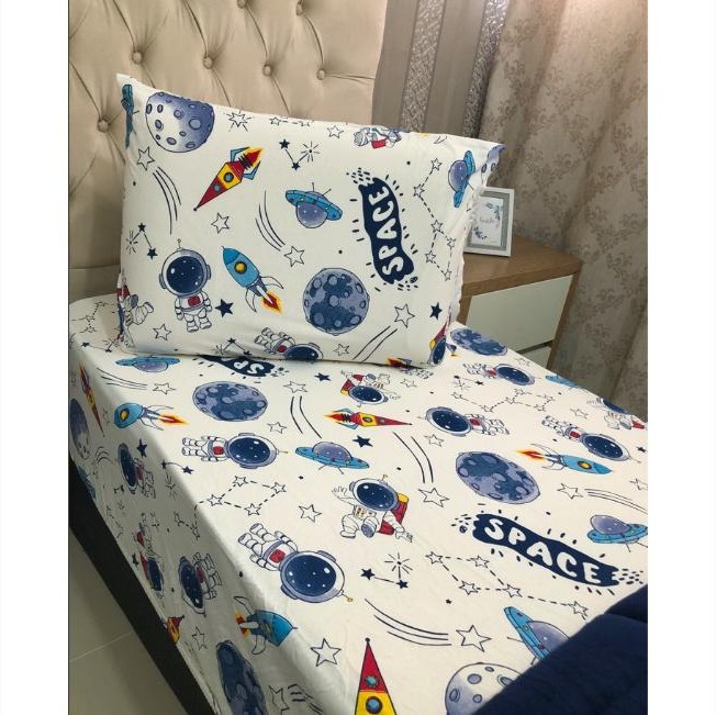 Jogo De Lençol Solteiro Menina 2 Pçs Malha 100% Algodão - Unicórnio - Astronauta