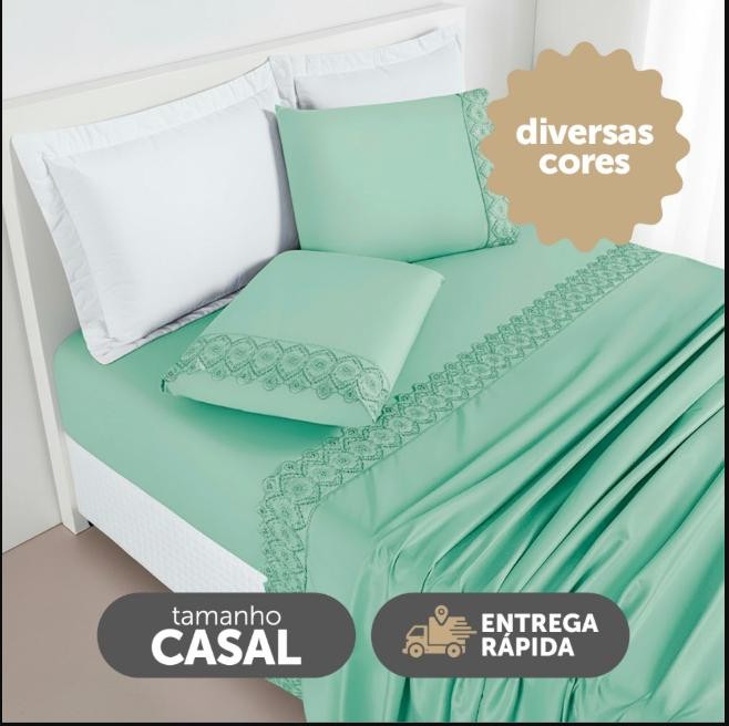 Jogo de Lençol Casal 4 Peças Percal 200 Fios Com Laise Bordado Luxo - Nobless