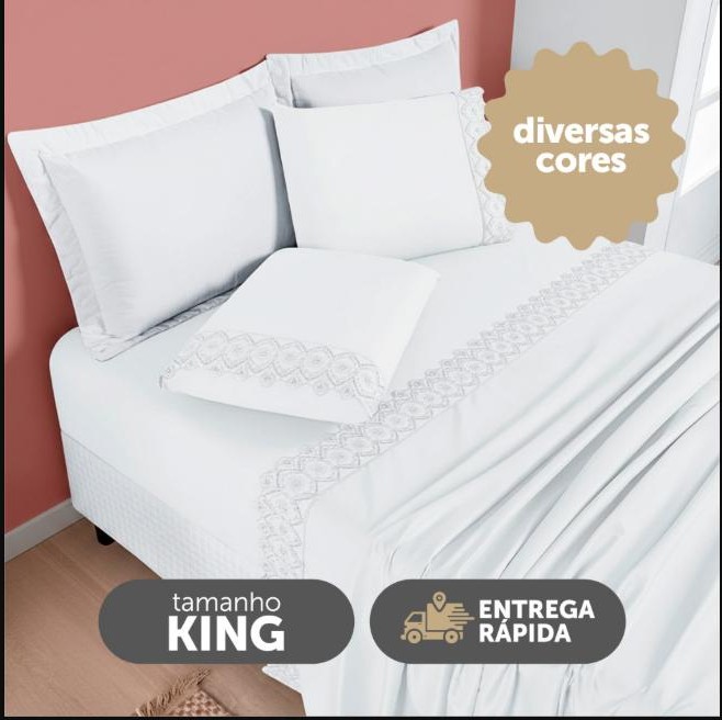 Jogo de Lençol King 4 Peças Percal 200 Fios Com Laise Bordado Luxo - Nobless