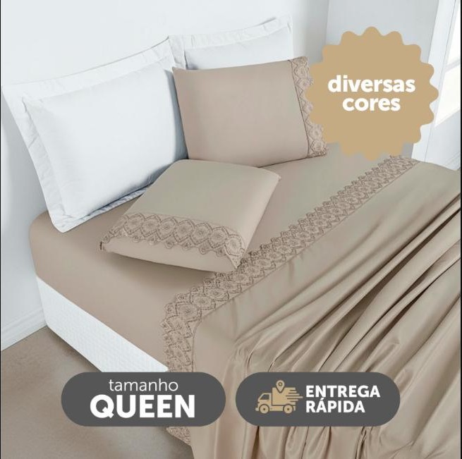 Jogo de Lençol Queen 4 Peças Percal 200 Fios Com Laise Bordado Luxo - Nobless