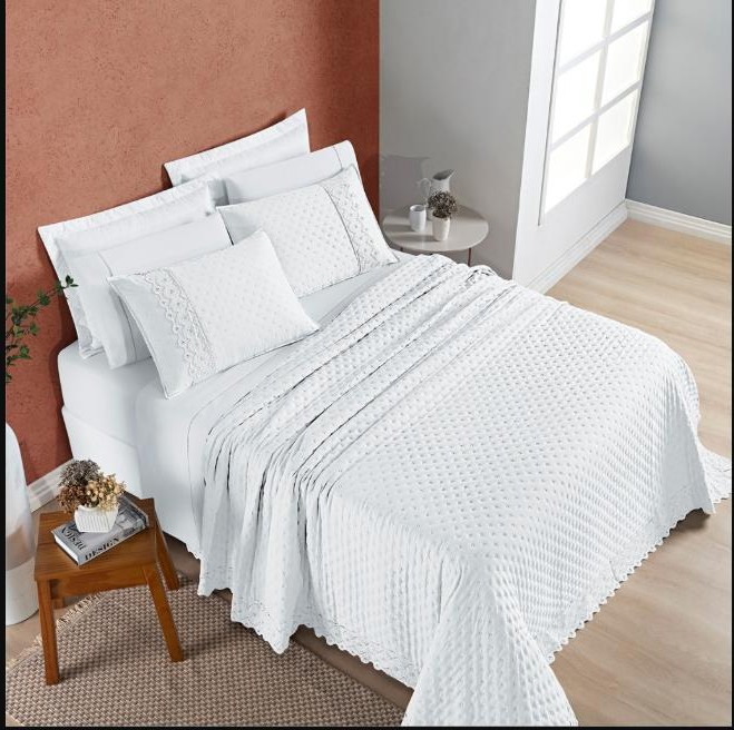 Kit Cobre Leito Percal 200 Fios Casal 3 Peças Matelado Ultrassônico Laise Bordado - Nobless