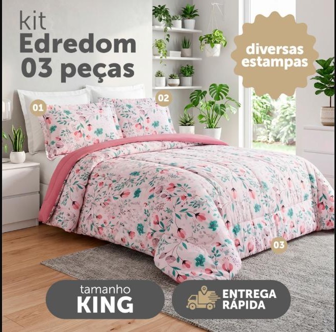 Kit Edredom Naturale Casal King Sizes Dupla Face 3 Pecas 200 Fios Micropercal