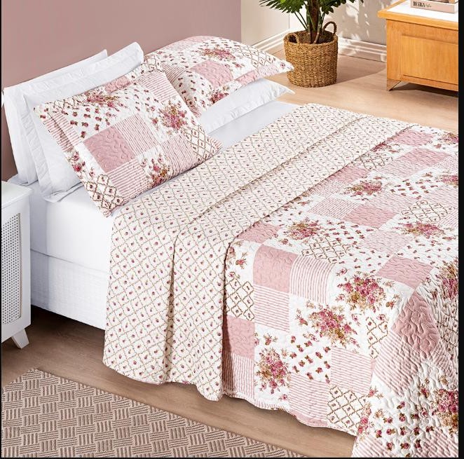 Kit Cobre Leito Colcha QUEEN 3 Peças Bouti Estampada Dupla Face - Porta Travesseiro Aba Americana
