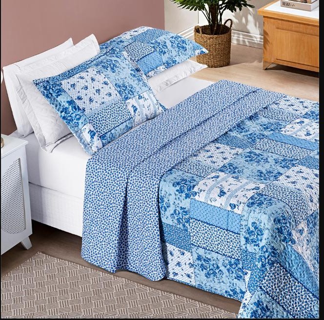 Kit Cobre Leito Colcha Casal 3 Peças Bouti Estampada Dupla Face - Porta Travesseiro Aba Americana